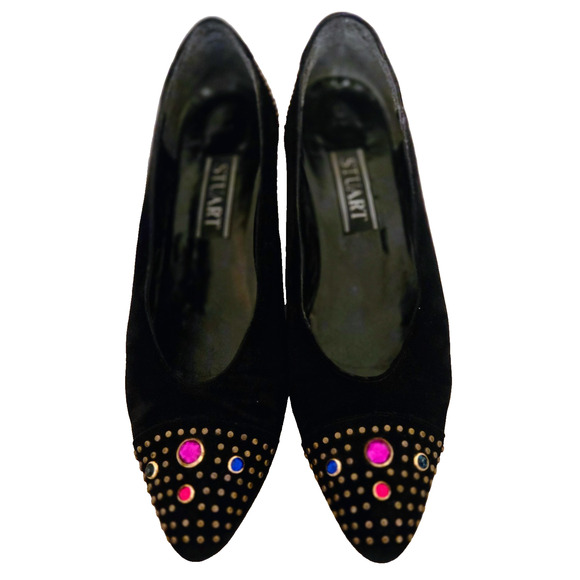 Vintage Stuart Weitzman Pumps 8.5 Black Suede with Crystal studs 80s - Picture 3 of 9